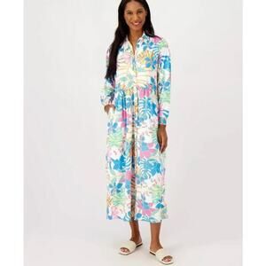 Tolani Martina Button Front Floral Midi Dress Size Medium Blue Tropical Relaxed